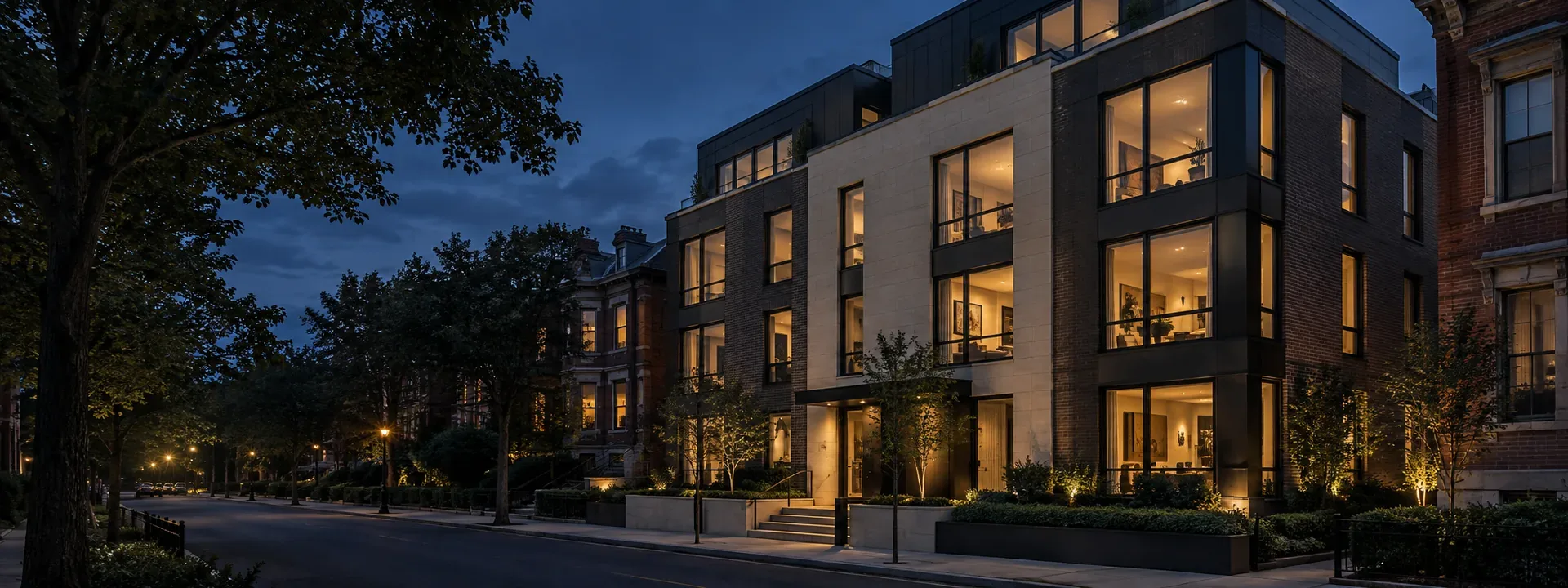 Contemporary multifamily residence illuminated at dusk