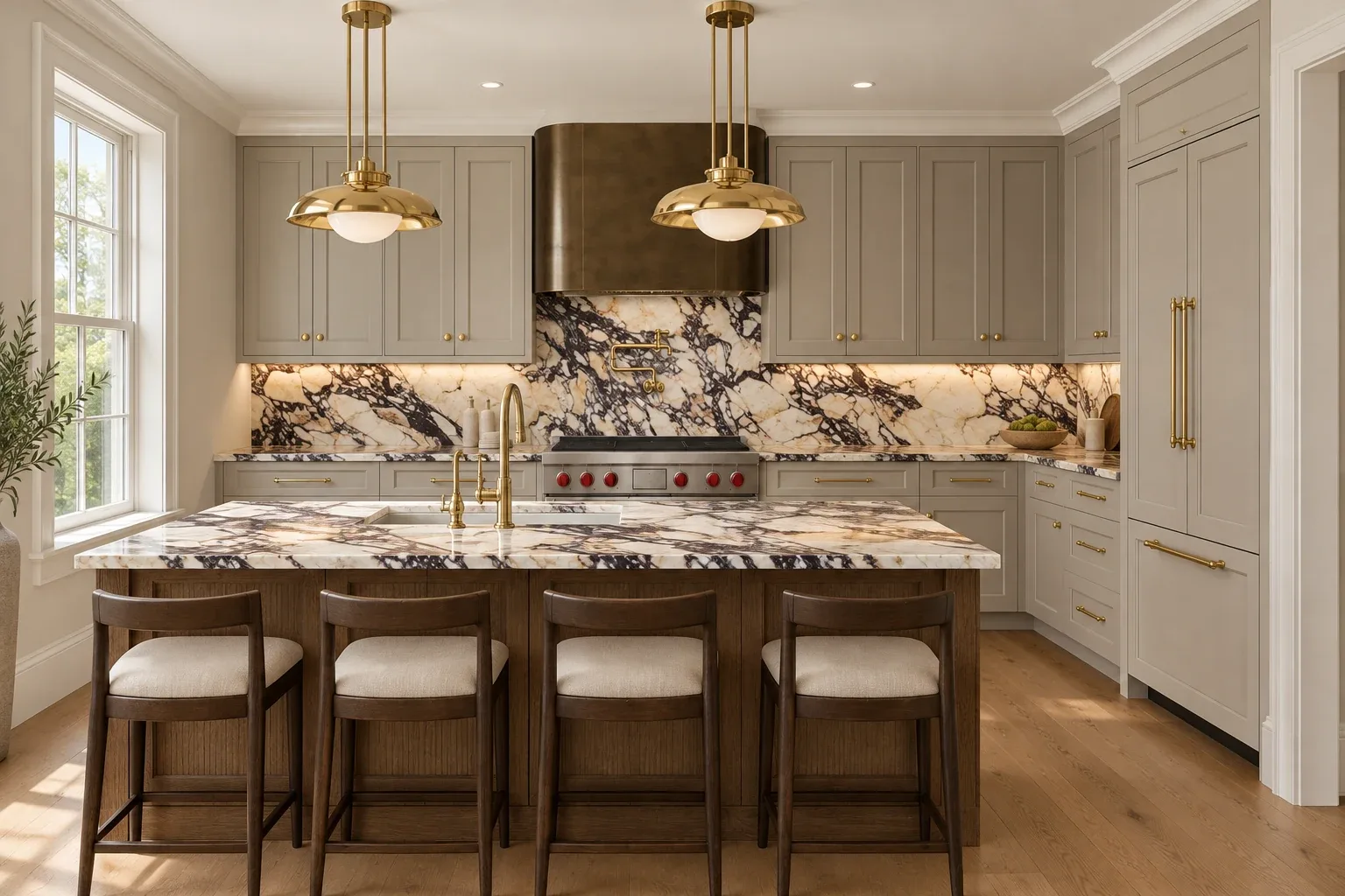Rendering of the front residence kitchen at 62 Fuller Street, with a dark wood island, veined stone surfaces, pale cabinetry, and brass lighting