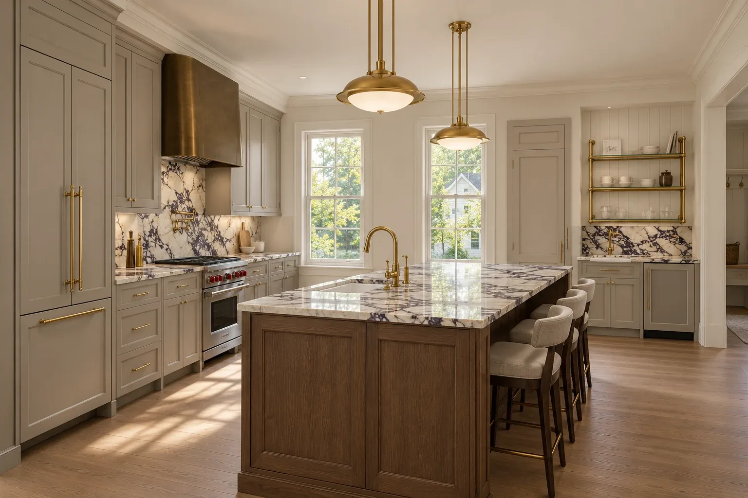 Rendering of the rear residence kitchen at 62 Fuller Street, featuring an oak island, richly veined marble, gray cabinetry, a brass range hood, and pendant lights