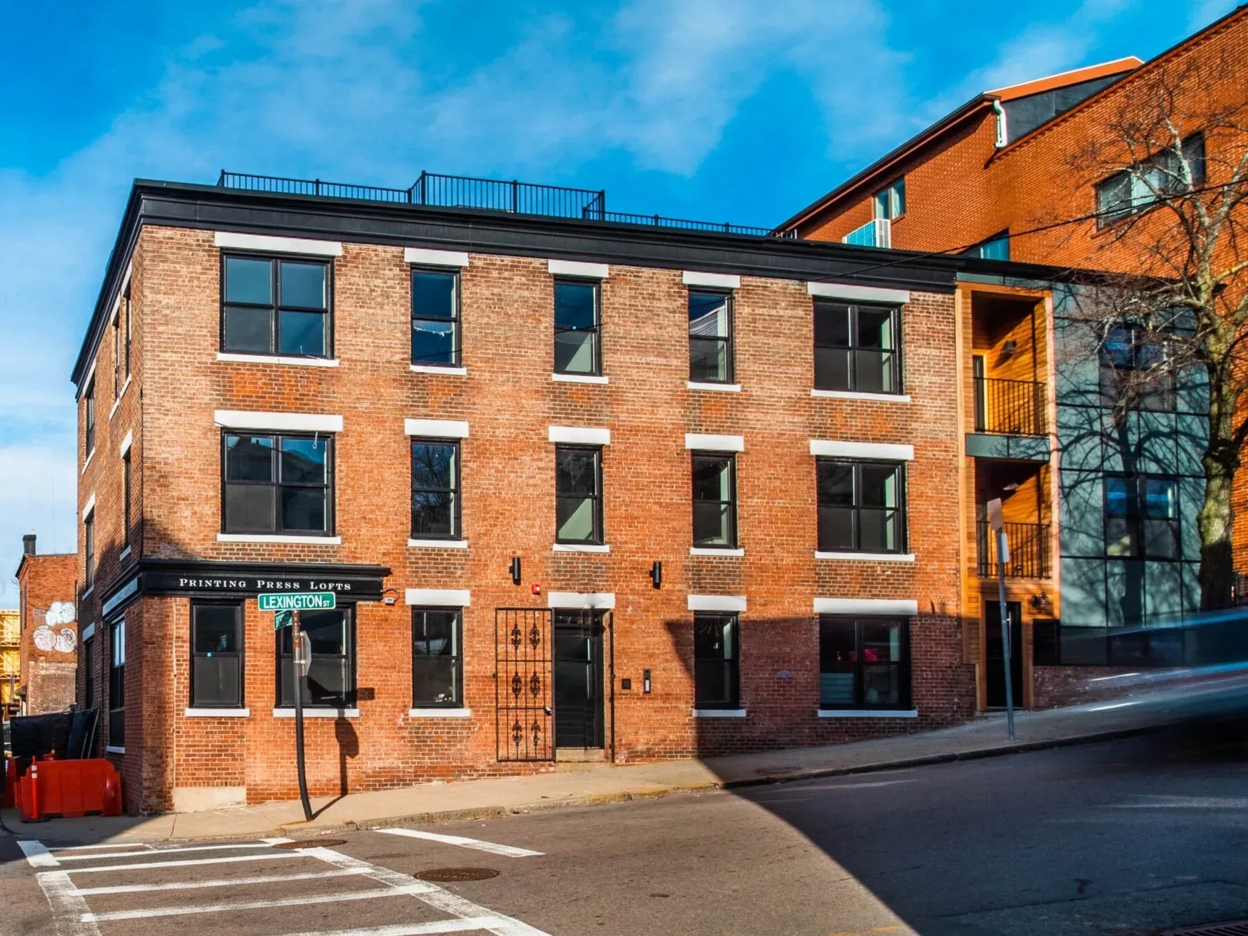 Restored brick exterior of Printing Press Lofts