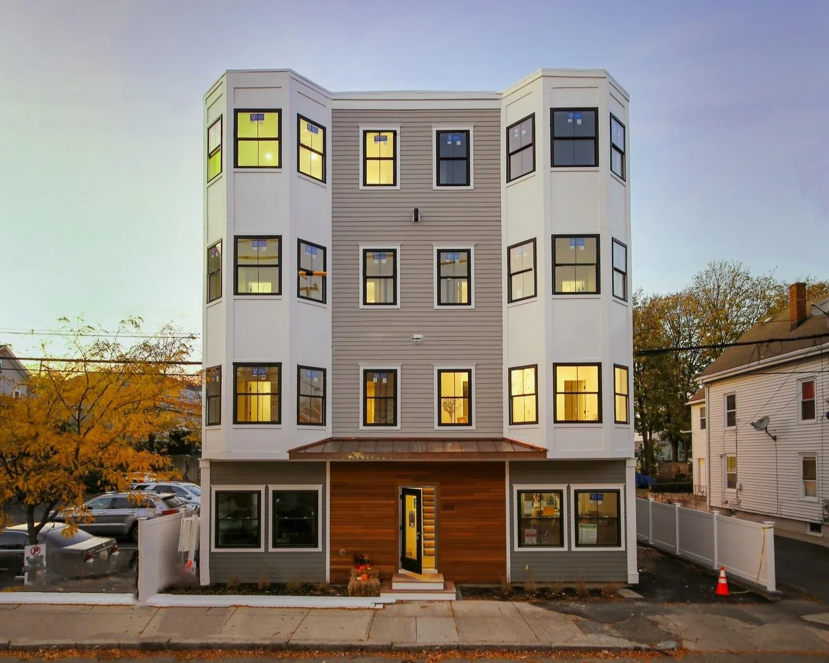 Front exterior of Spencer Flats in Chelsea, Massachusetts