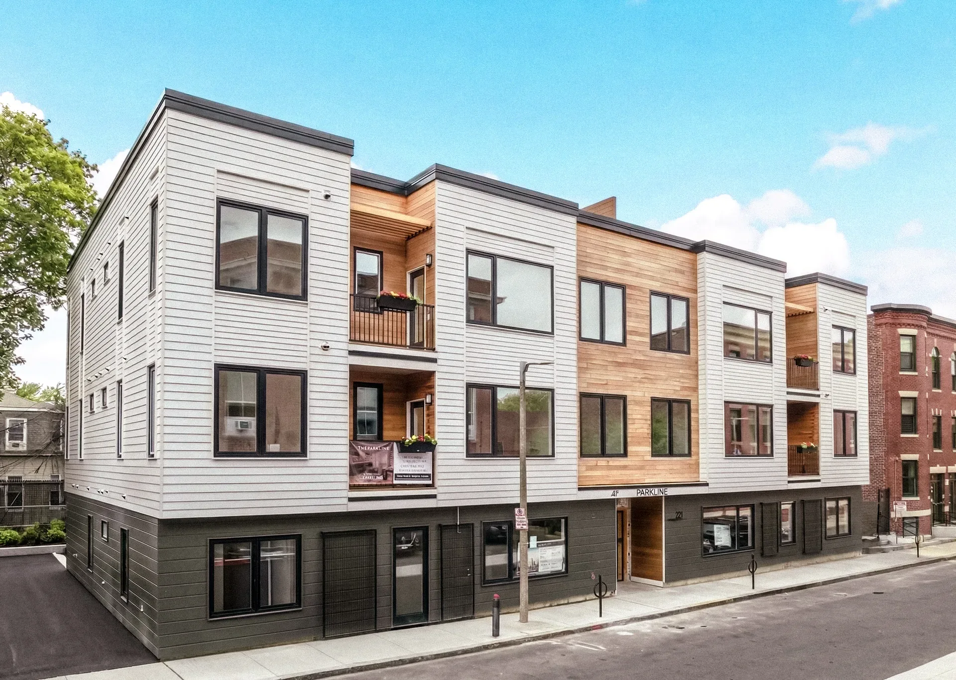Completed modern exterior of The Parkline at 27 Dixwell Street